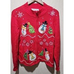 Tiara International Ugle Christmas Snowman Cardigan Sweater XL Embellished